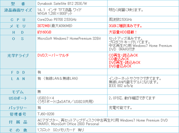 中古パソコン 東芝 Toshiba Dynabook Satellite B12 253e W 無線lan Amp Dvdスーパーマルチ搭載メモリー3gb搭載 Microsoft Windows7セットアップ済みマイクロソフト オフィス ２００３付 ノートパソコン 中古パソコン Com